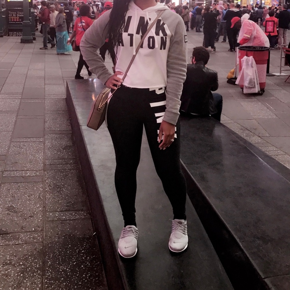 Pink crop top hoodie and leggings outfit